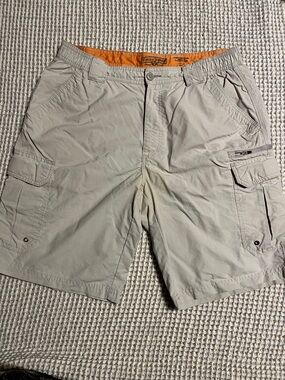 Field & Stream Light Tan Cargo Shorts with Orange Waistband Accent